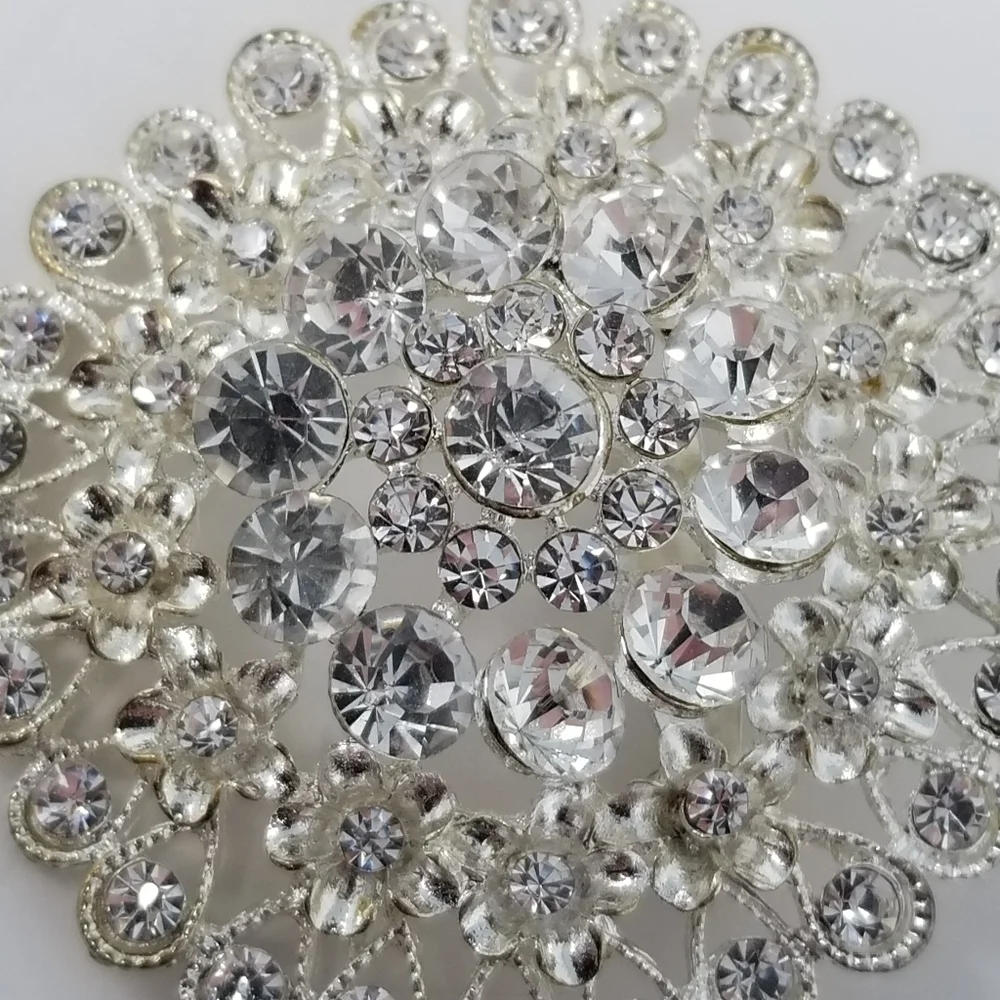 Large Clear Rhinestone Brooch Tiered Silver Tone Round 3D Flower Pin Teardrop